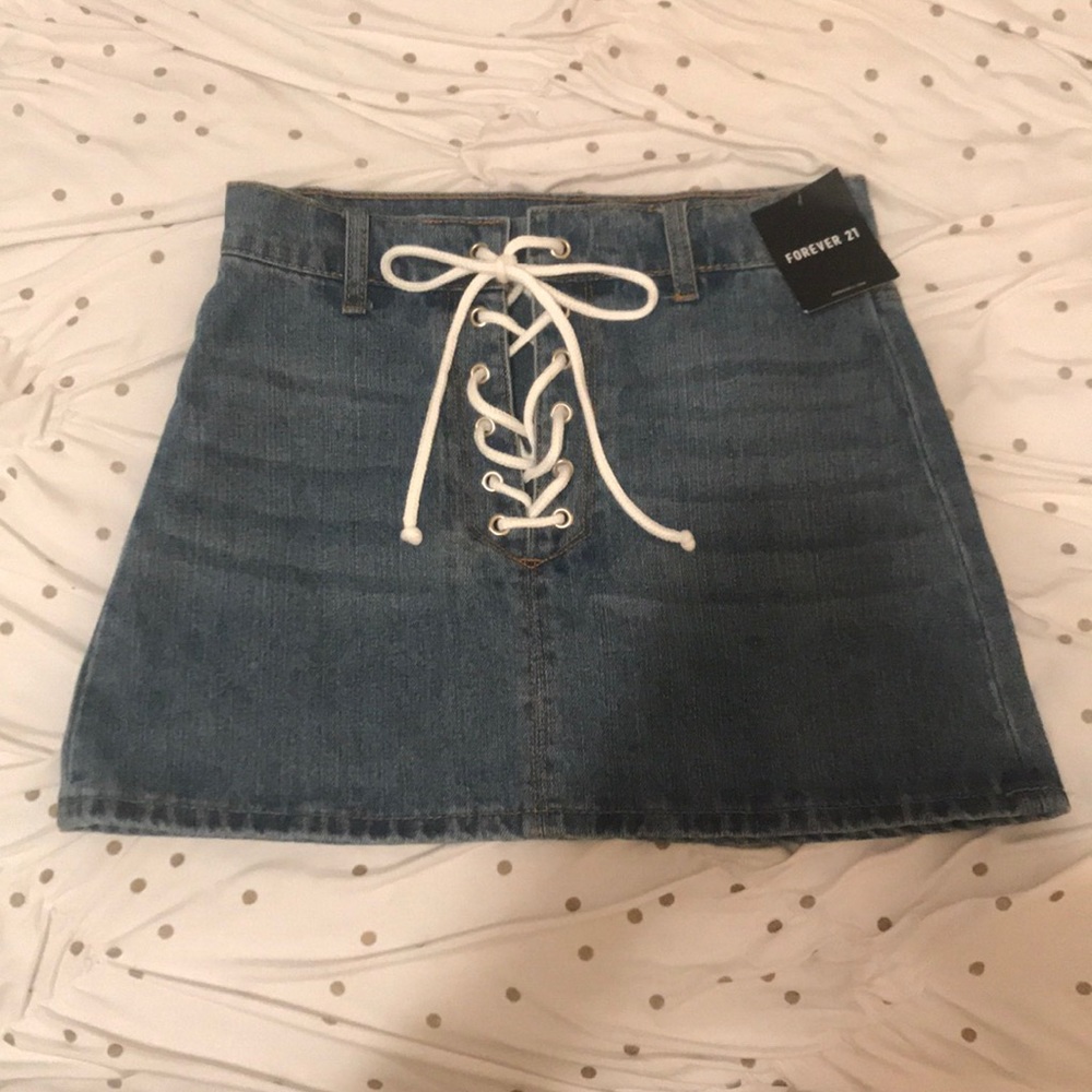 Lace up jean skirt